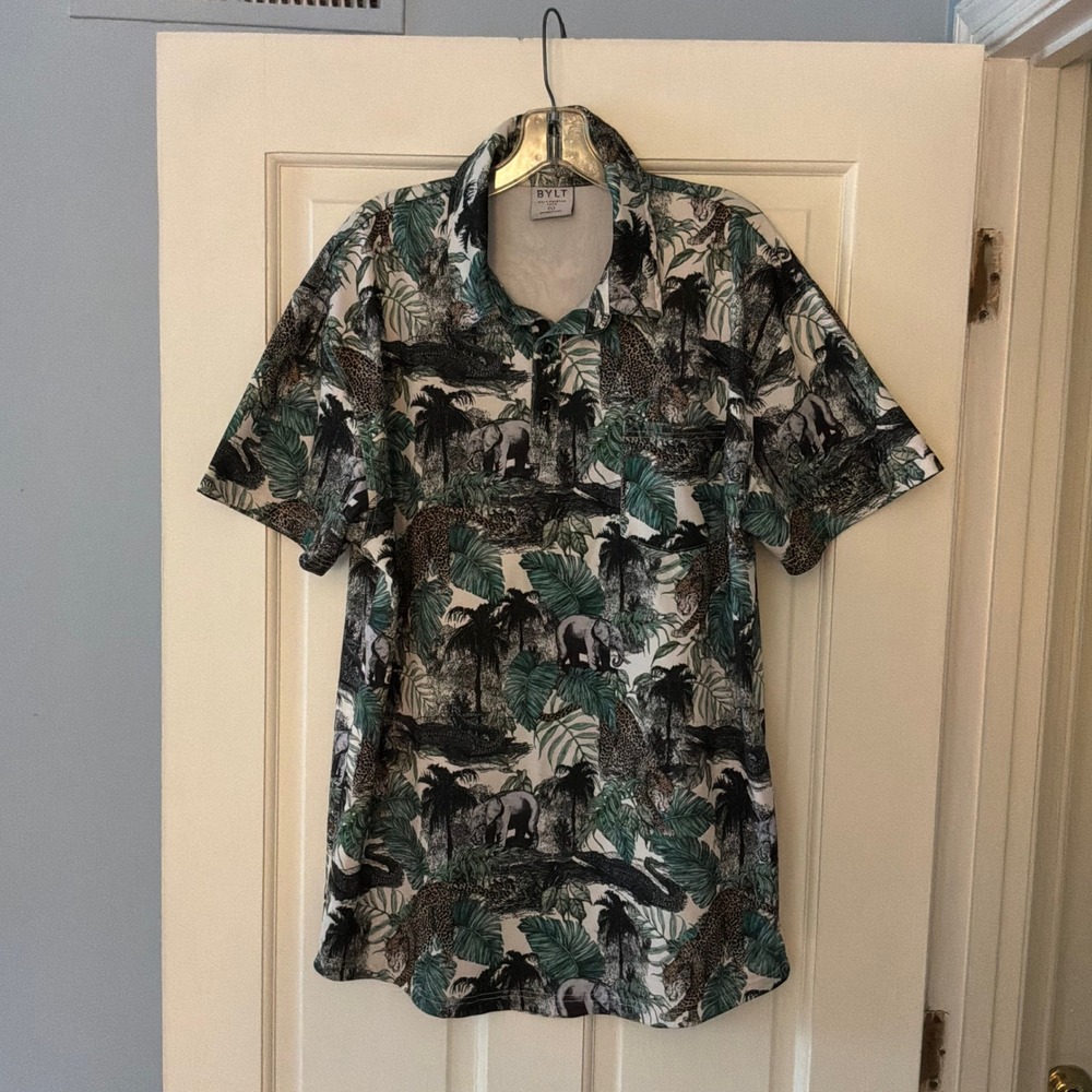 BYLT Premium Basics Mens Jungle Safari Printed Polo Shirt XL Tropical Golf